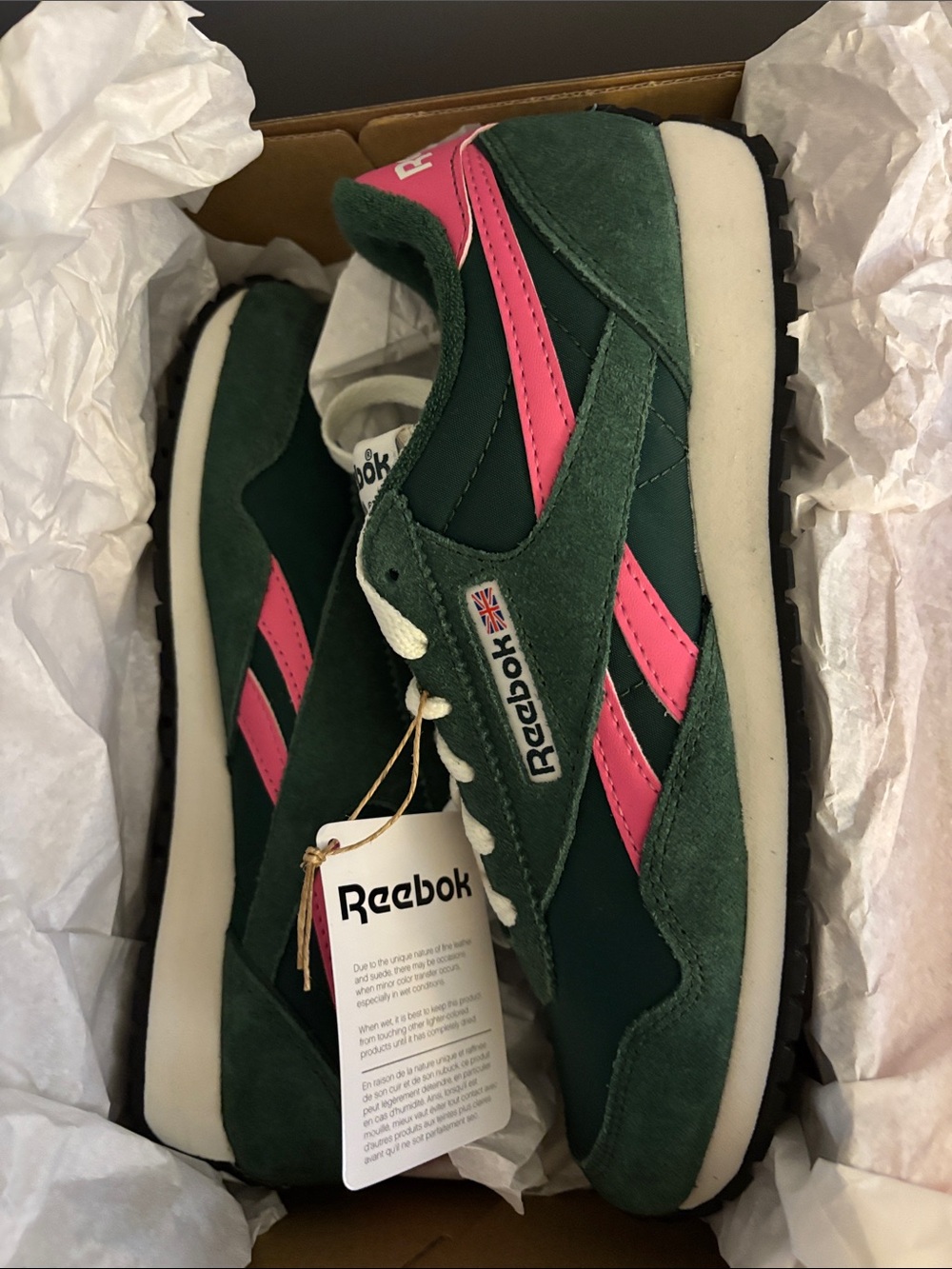 Reebok Green Suede Sneakers with Pink Stripes.  Size 7.5